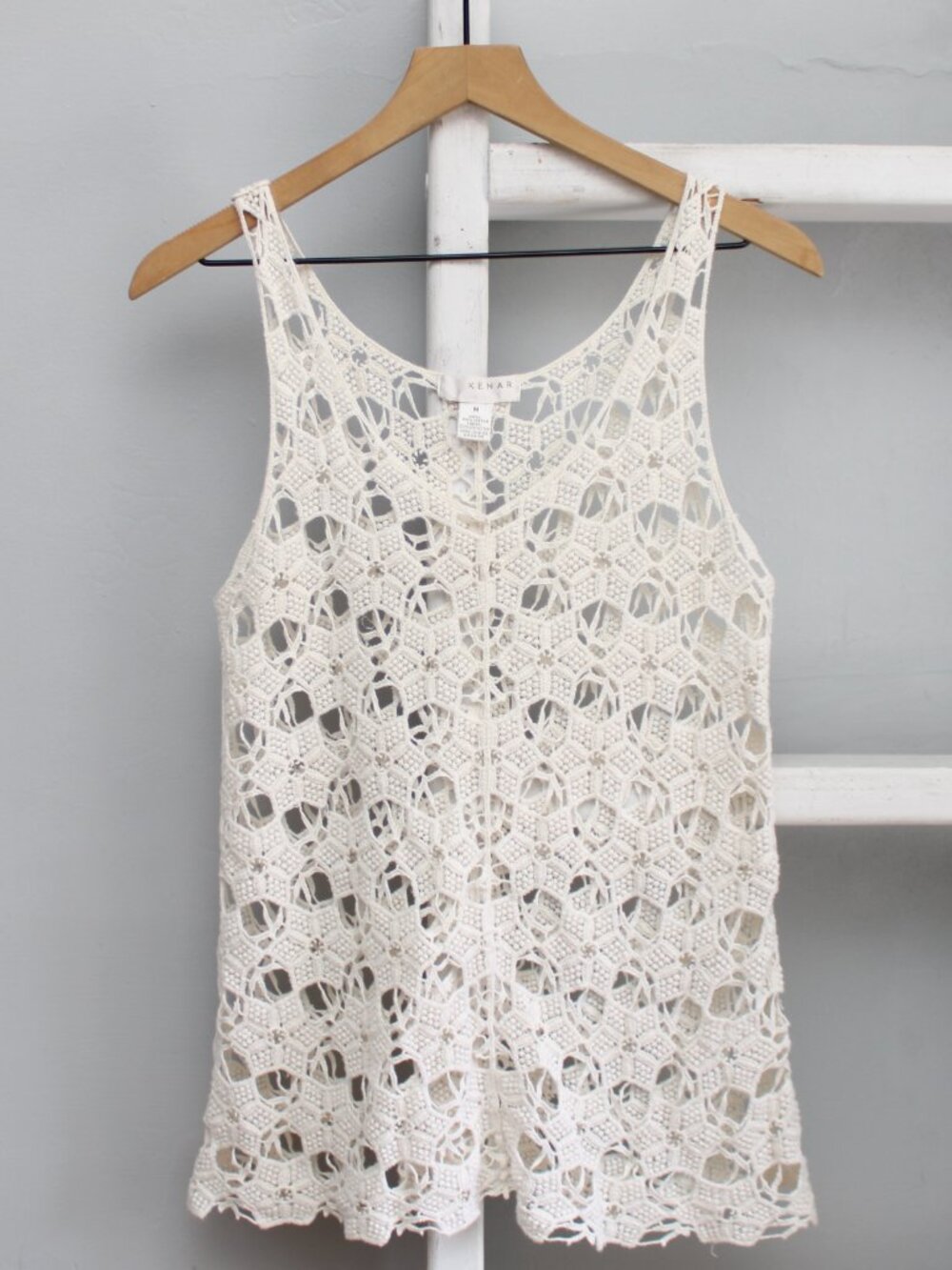 Kenar Cream Color Open Crochet Knit Tank Top Boho Festival Cottage Size Medium - Picture 5 of 5